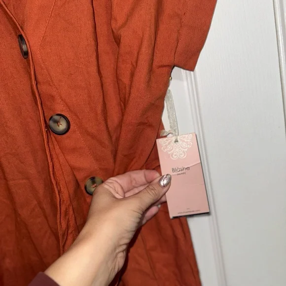 Rust Orange Button-Up Dress with Cap Sleeves - Picture 5 of 8